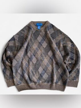 90s Towncraft Brown Black Grey Argyle Diamond Patterned Knit Sweater Crewneck XL